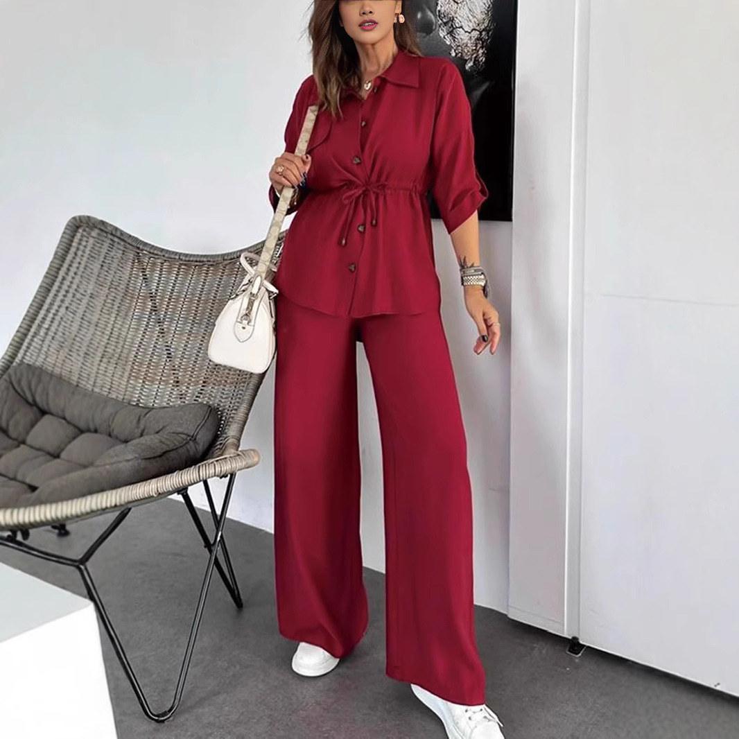 Women's Autumn Solid Color Casual Button Drawstring Loose Suit European And American Style_ecoleips.com