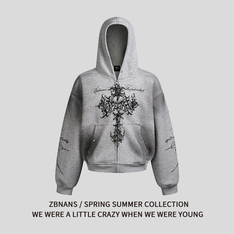 American Retro Niche Street Design Rivet Cross Print Hooded Jacket for Men and Women Loose Trendy Brand Sweatshirt American Retro Niche Street Design Rivet Cross Print Hooded Jacket for Men and Women Loose Trendy Brand Sweatshirt