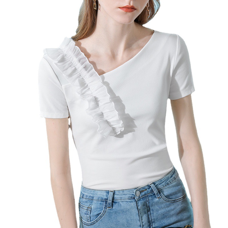 Nueva blusa francesa con volantes de verano 2023 Camiseta de manga corta negra para mujer diseño sentido nicho image 7
