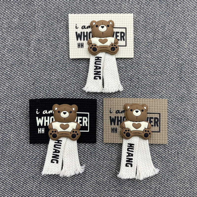 Heart-Shaped Teddy Bear Children's Clothing Style Three-Dimensional Decorative Leather Label Trendy Brand Flat Cotton Rope Square Clothing Accessory