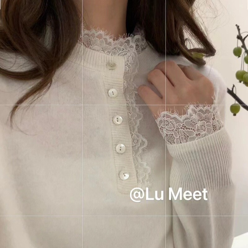 Hanyuan Apparel/100% Wool Spliced Lace Pearl Button Round Neck Long-Sleeved Feminine Knitted Base Shirt