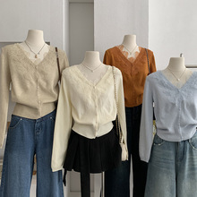 欧玛莱 V领拼接蕾丝针织开衫百搭纯色长袖内搭上衣秋冬季实拍5335