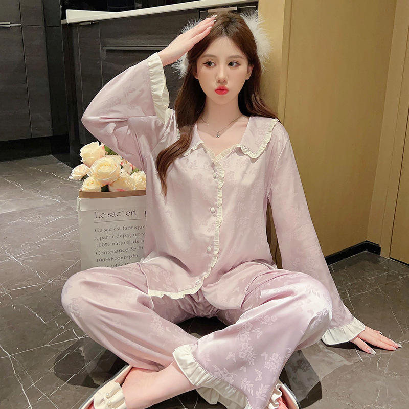 SOURCE factory goods 2022 autumn new pajamas women's ice silk one-piece delivery TikTok Flower jacquard home wear suit