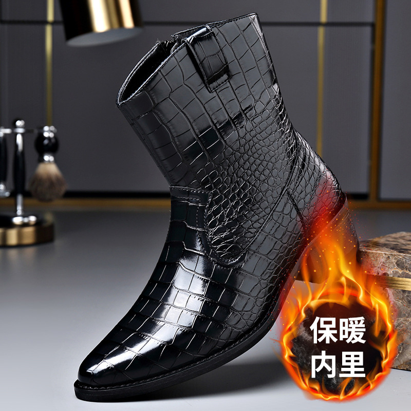 Autumn New Crocodile Martin Boots High Top Men's Pointed Boots British Style plus size fleece-lined Trendy Chelsea Boots
