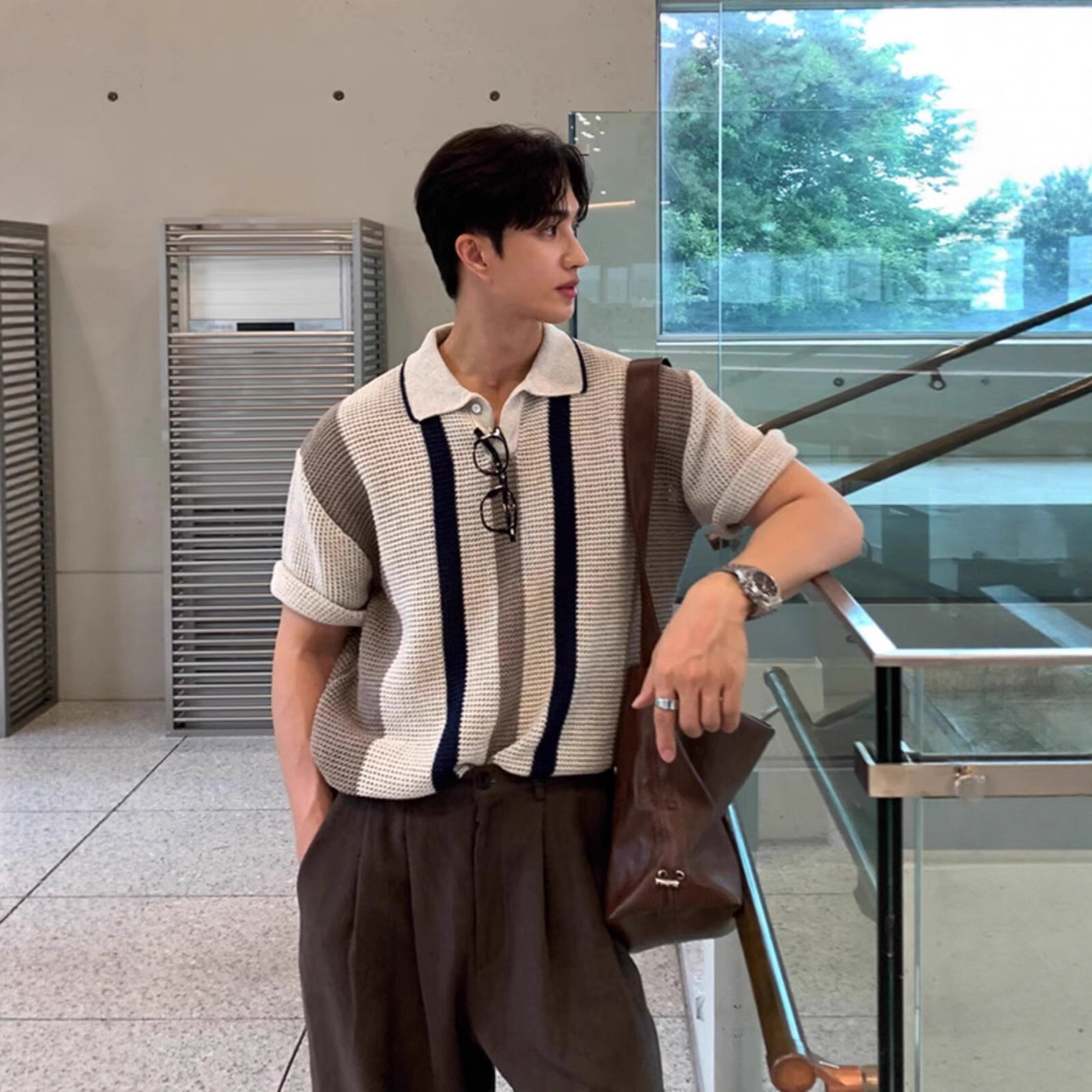 Men's High Quality Breathable Hollowed Out Color Block Knit Polo Shirt Korean Style Vertical Striped Short Sleeved T-Shirt For Spring/Summer_viptrois.com