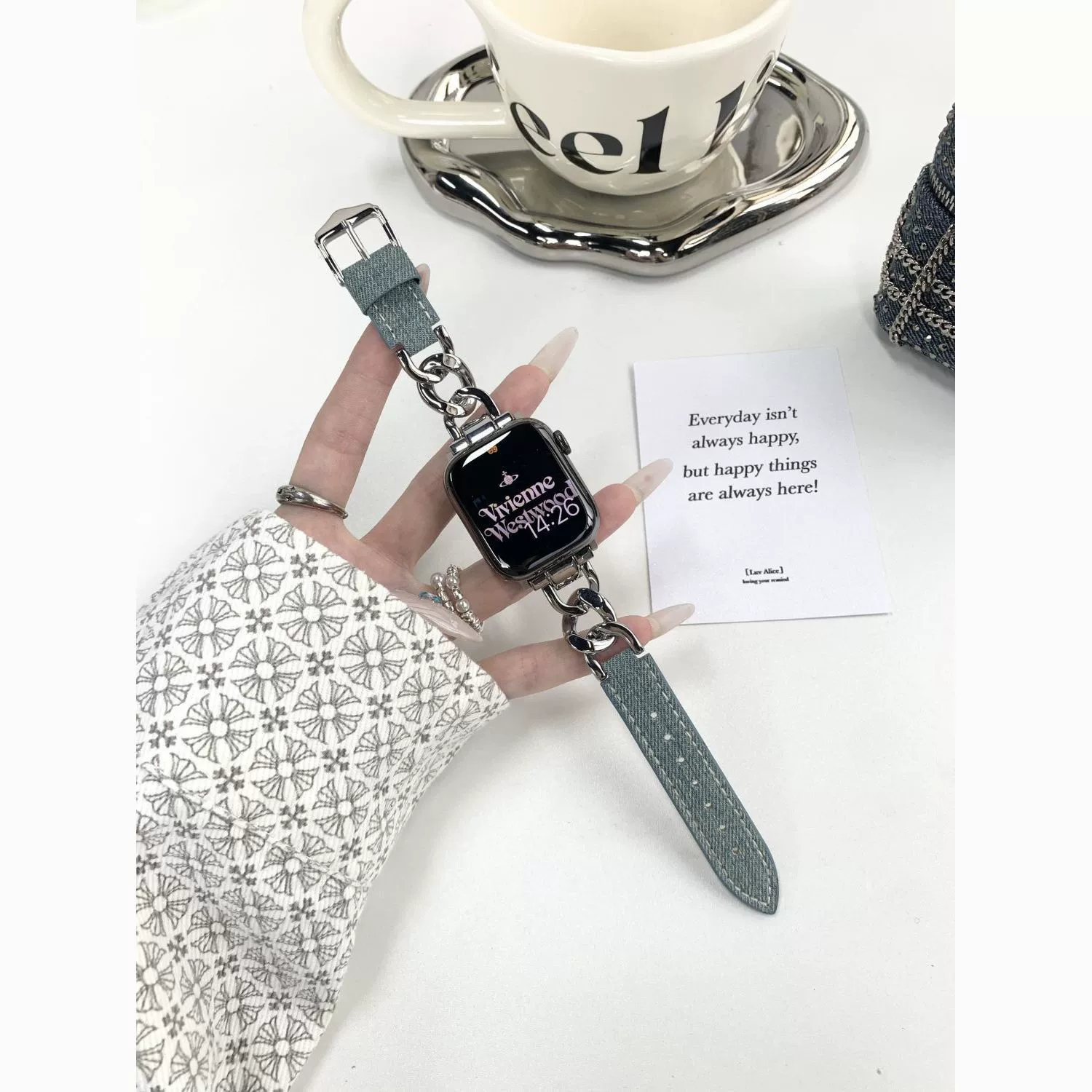 Подходит для Apple Watch S10 Ultra, ремешок для маленького аромата iWatch987654, деним цепочка