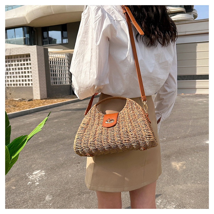 Women'S Gender Vacation Style Women'S Small Straw Solid Color Vacation Lock Clasp Straw Bag