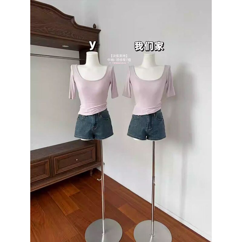 Designed Mid-Sleeve U-Neck T-Shirt for Women, Summer Style, Sexy and Slim-Fitting, Suitable as an Inner Layer or Outerwear