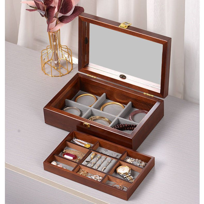 Y9I Solid Wood High-End Jewelry Storage Box Double-Layer Accessible Luxury Wooden Mirror Exquisite Women's Ring Necklace Watch Accessories