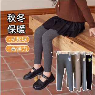 Girls' autumn and winter warm leggings children thickened fleece-lined medium and big children wear western style 95 cotton cropped leggings