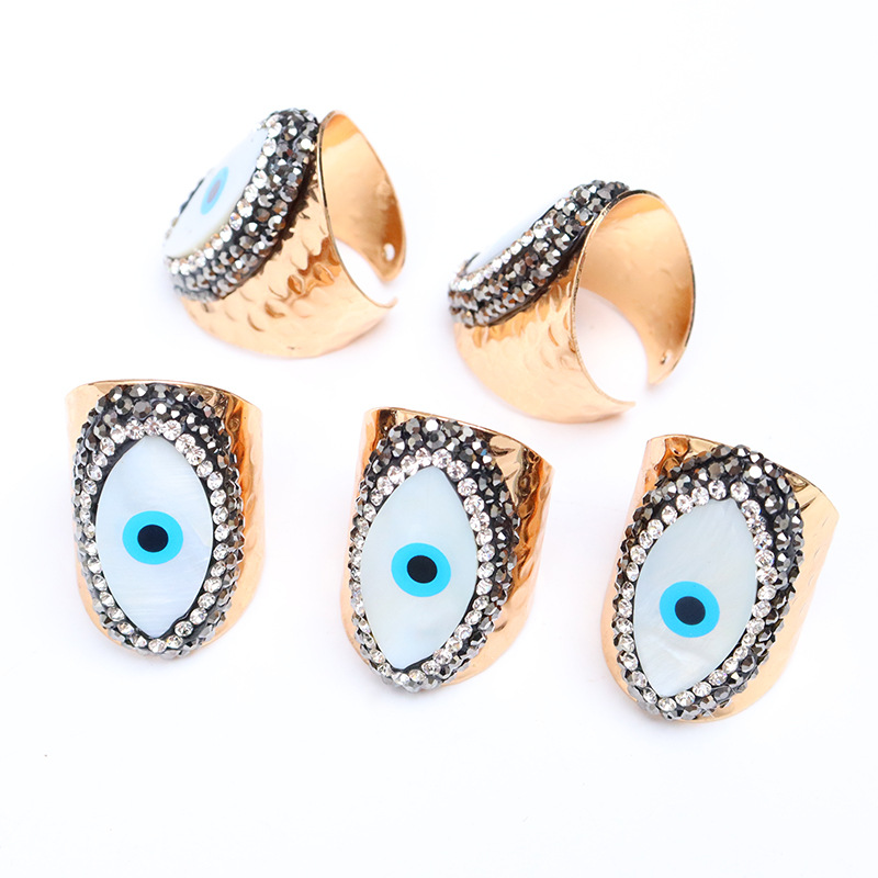 Adjustable Ring Size Retro Streetwear Pentagram Devil's Eye Copper Inlay Natural Stone Shell Open Ring