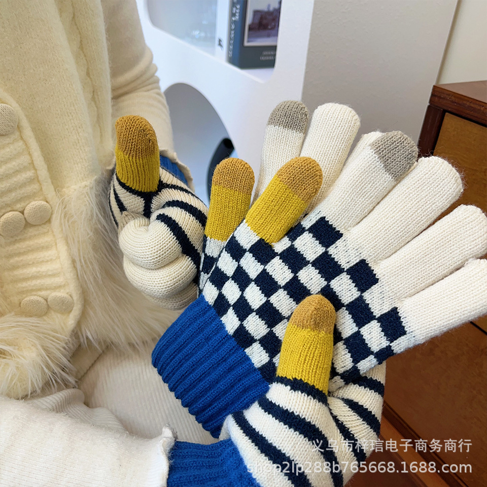 韩版东大门针织保暖手套女士冬季防寒双层加厚加绒个性时尚ins风
