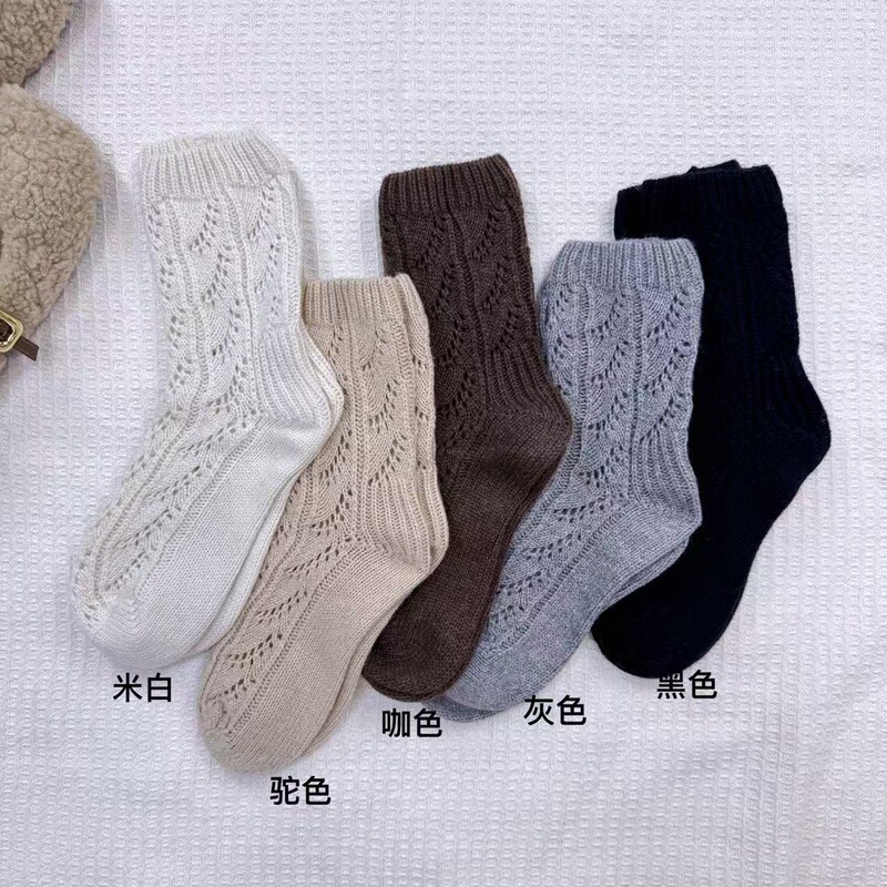 2025 Autumn and Winter New Retro Wool Crochet Cut Out Socks Women's Mid-Calf Pile Socks Thickeneded Warm Socks European Goods