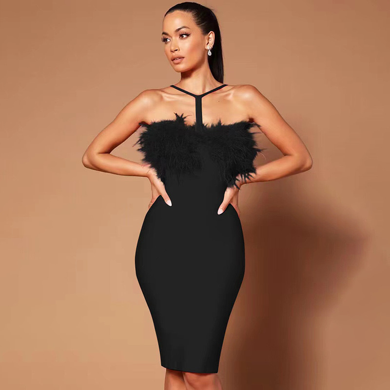 Sensational Halter Neck Feather Trim Bodycon Dress - Deep V Backless Cocktail Dress With Contrast Panel Design_ecoleips.com