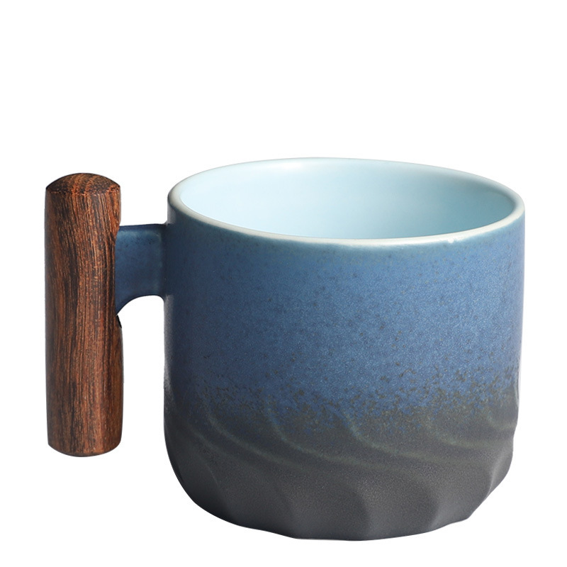 Mango de madera taza de café té taza de té gradiente esmalte exquisita cerámica pequeña taza de regalo caja de regalo traje al por mayor