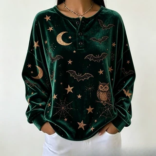 幽灵骷髅印花亨利领三粒扣长袖上衣落肩万圣节休闲女士套头卫衣厚