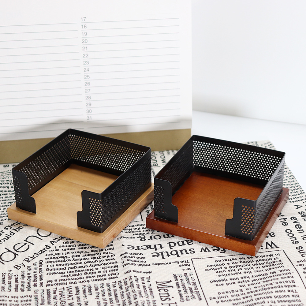 办公简约方形便利贴盒 创意文具用品收纳便条盒 木纹铁艺便签座
