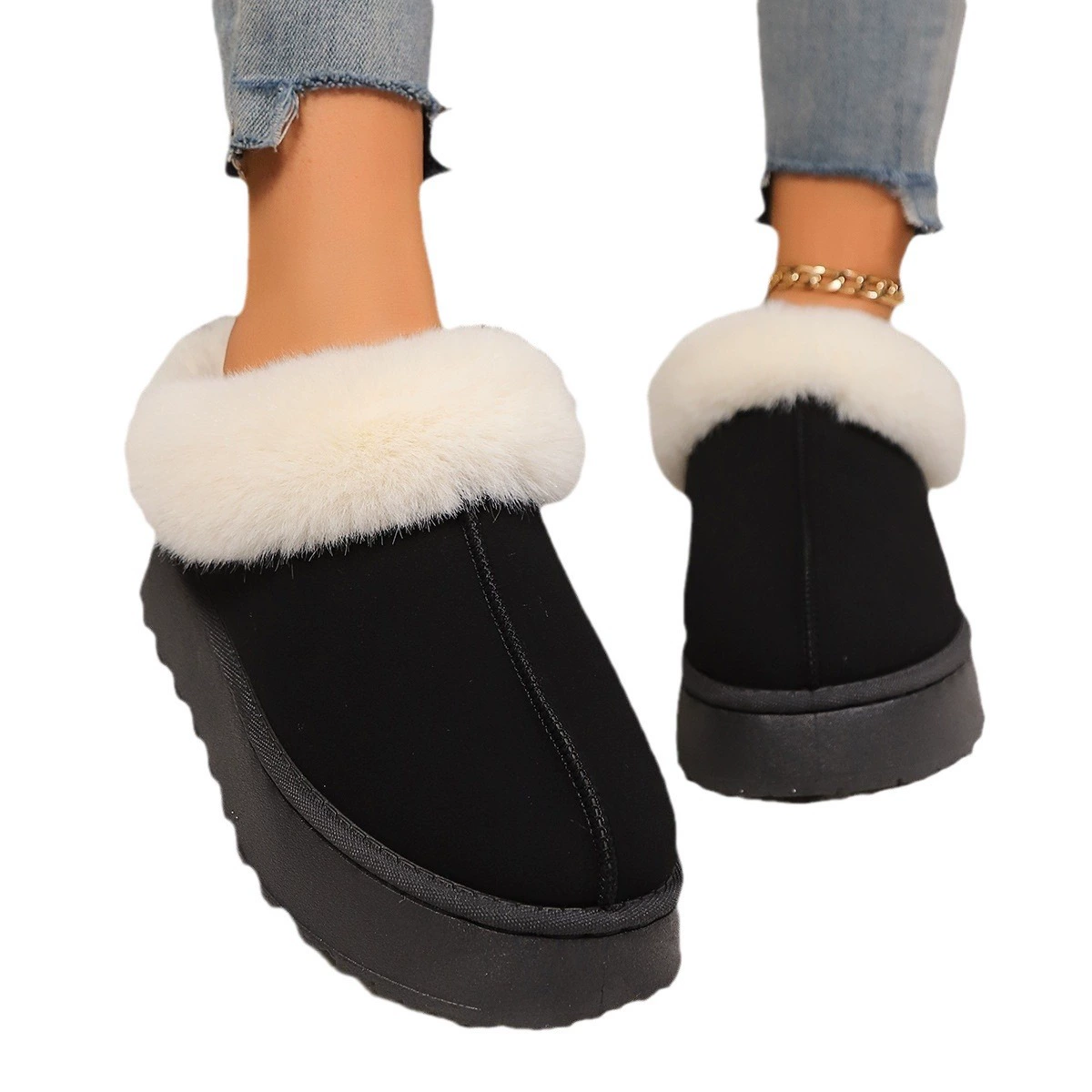 Platform ankle boots, faux‑fur lined warm slip‑on, plus sizes 36–43, black or yellow