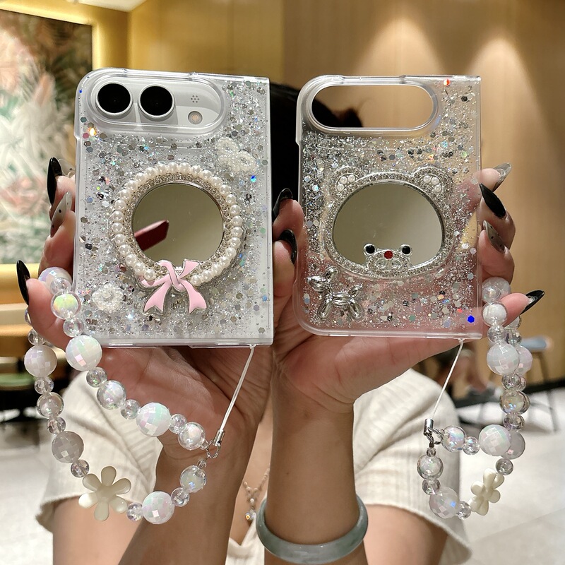 Suitable for Apple 18Duo Foldable Screen Case with Glitter Powder, iPhone 18Duo Phone Case with Mirror, Bowknot, and Bracelet Protection