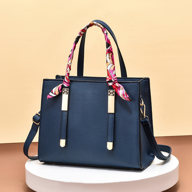 Large-capacity one-shoulder leather handbag - Navy Blue
