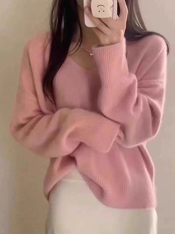 孔雀蓝v领套头毛衣女秋冬新款慵懒风外穿针织衫软糯短款套头上衣|undefined