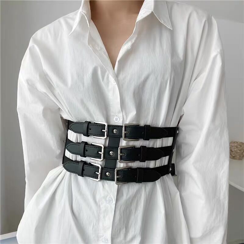 New Waistband with Waistband and Three Row Needle Buckle Ins Punk Women's Fashion Matching Dress Shirt Elastic Wide Waistband_voghion.com