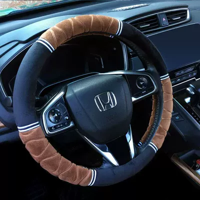 Plush Autumn and Winter Three-Piece – Steering wheel cover - 3d-embossed-six-pieces-black-coffee-38cm-steering-wheel-cover