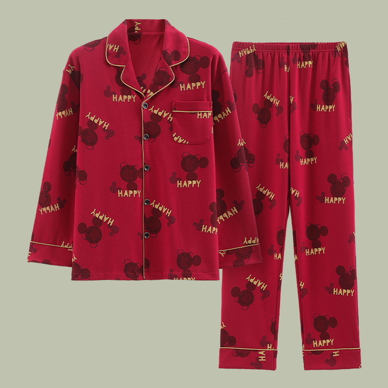 Transfronterizos para otoño recién casados de algodón pijama de manga larga ropa de casa roja grande cardigan set de algodón festivo
