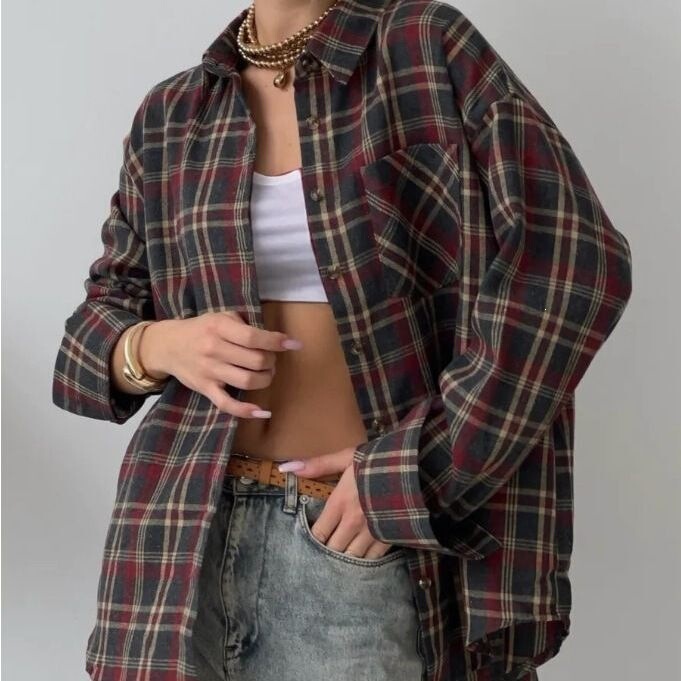 2026 Spring and Autumn Amazon OZON Cross-Border Vintage Style Versatile Loose Shirt Fashionable Versatile Plaid Shirt for Women