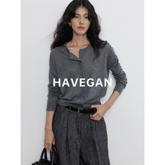 与间HAVEGAN/秋季圆领长袖针织开衫女薄款外穿宽松慵懒老钱风上衣