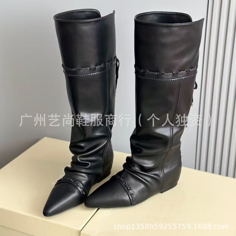 高版2025秋冬真皮尖头内增高褶皱堆堆靴不过膝长靴高筒西部牛仔靴|undefined