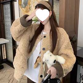 秋冬独特超好看今年流行漂亮韩系慵懒小香风羊羔毛加绒短款厚外套