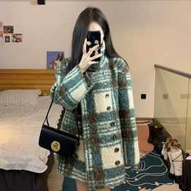 2025新款小香风羊绒大衣女冬季加厚感格子毛呢斗篷外套小个子