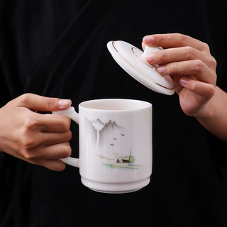 羊脂玉白瓷茶杯高档陶瓷会议办公室带盖泡茶马克杯家用喝茶水杯子