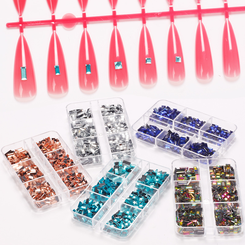 Transfronterizos para taladro de fondo plano en línea, taladro de espejo especial de manicuras ultra-flash, mezcla de pequeños diamantes transparentes, conjunto multicolor de 6 cuadrículas