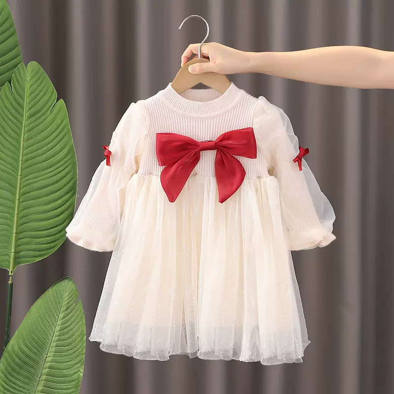 女童针织公主裙秋冬女宝宝毛衣纱裙拜年服圣诞裙洋气童装加绒裙子