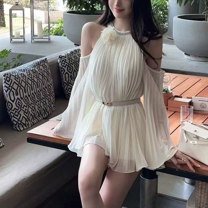 in stock High Quality Super Fairy Heavy Industry Pleated Rhinestone Belt Trumpet Sleeve Top Slimming Elegant Western Style Women's Clothing