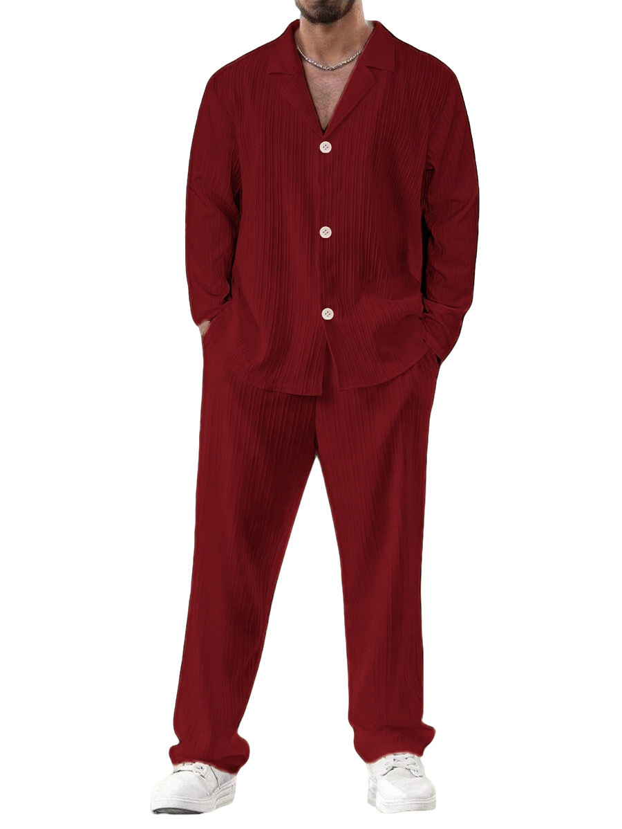 Nuevo transfronterizo de verano para hombres nuevo color sólido de mangas cortas camisa de mangas largas pantalones largos sueltos traje casual
