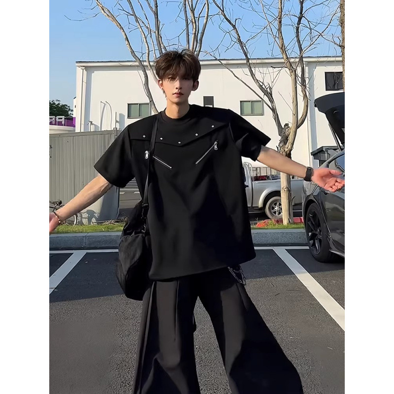 Niche Deconstructed Zipper Padded Shoulder Short-Sleeve Men's Summer Gray Heavyweight Oversized T-Shirt Men's Fashion Brand Half-Sleeve Niche Deconstructed Zipper Padded Shoulder Short-Sleeve Men's Summer Gray Heavyweight Oversized T-Shirt Men's Fashion Brand Half-Sleeve