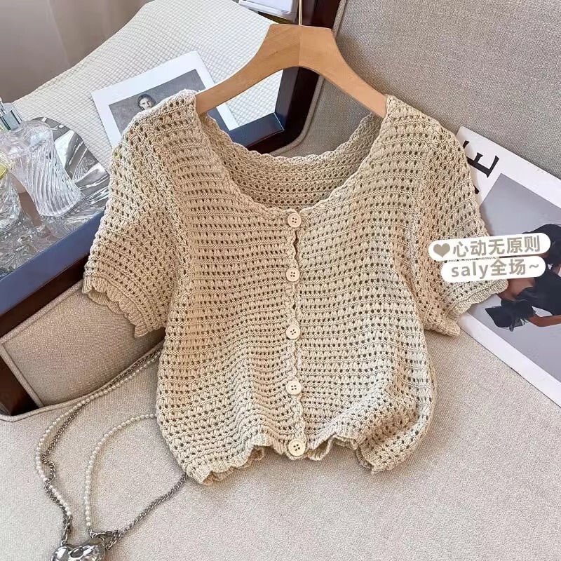 Hollow Knitted Cardigan Women's Thin Short-sleeved Summer Outer Shawl with Suspender Mesh Blouse Coat Short Top