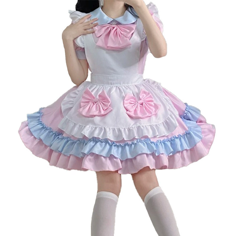 Костюм лолита-горничной (женский) soft-girl японский каваи розово-белое платье с фартуком и головным убором