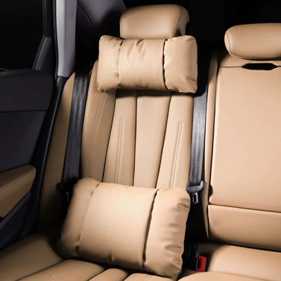 Tesla Model Y headrest, updated: Waist support - 1-headrest-and-1-lumbar-support-amber-brown-nappa-leather-for-comfort-and-stress-relief