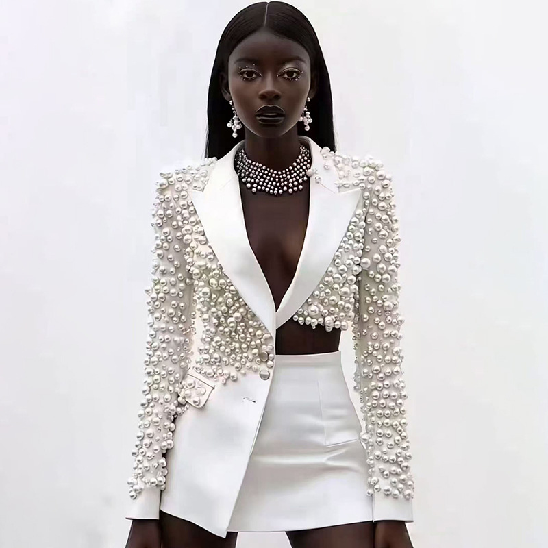 Spring Deep V Neck Beaded Irregular Skirt Suit Set For Women Heavy Women's Clothing_voghion.com