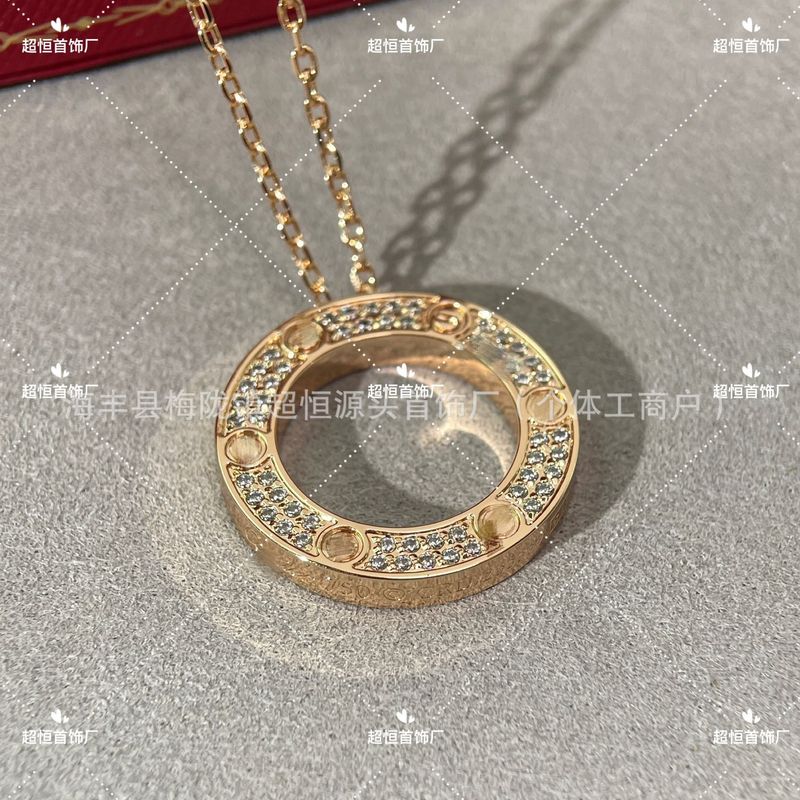 V金精工高版镀18k玫瑰金满钻love大圆饼满天星吊坠女锁骨项链直播|undefined