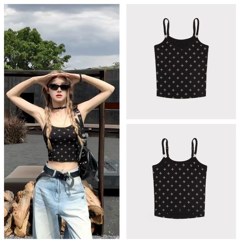 S K Black Garden Sports Sling Cross Flower Full Print Hot Girl Slim Short Vest Summer New Style 25
