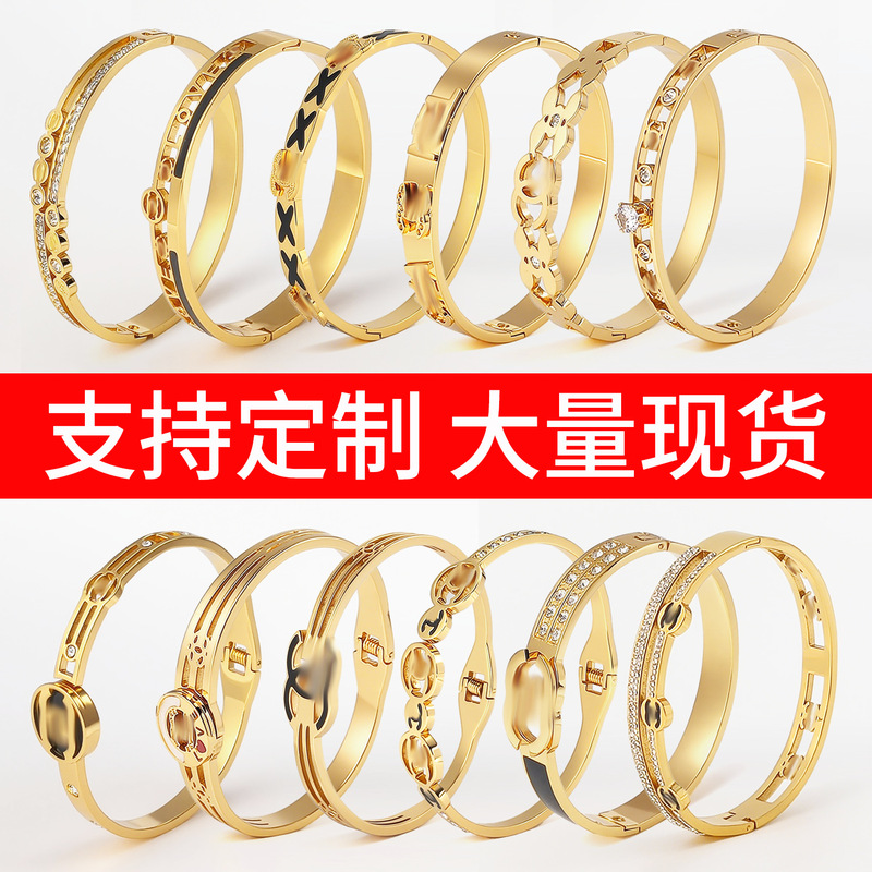 European and American Cross-Border Chanel-Style Double C Titanium Steel Bracelet, Non-Fading Jewelry, Enamel Oil-Drip Design, Diamond-Studded Bracelet
