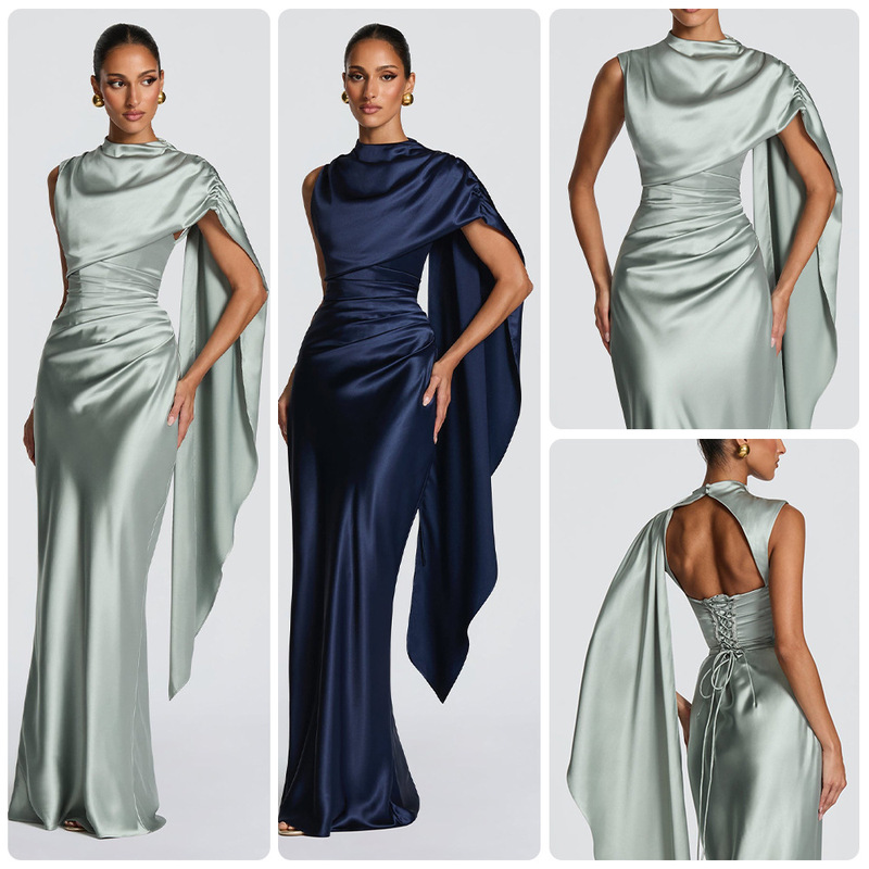 European and American 2026 New Style Light Luxury Satin Dress with Stacked Collar Design and Single-Sided Ribbon Decoration, Sleeveless Formal Dress European and American 2026 New Style Light Luxury Satin Dress with Stacked Collar Design and Single-Sided Ribbon Decoration, Sleeveless Formal Dress