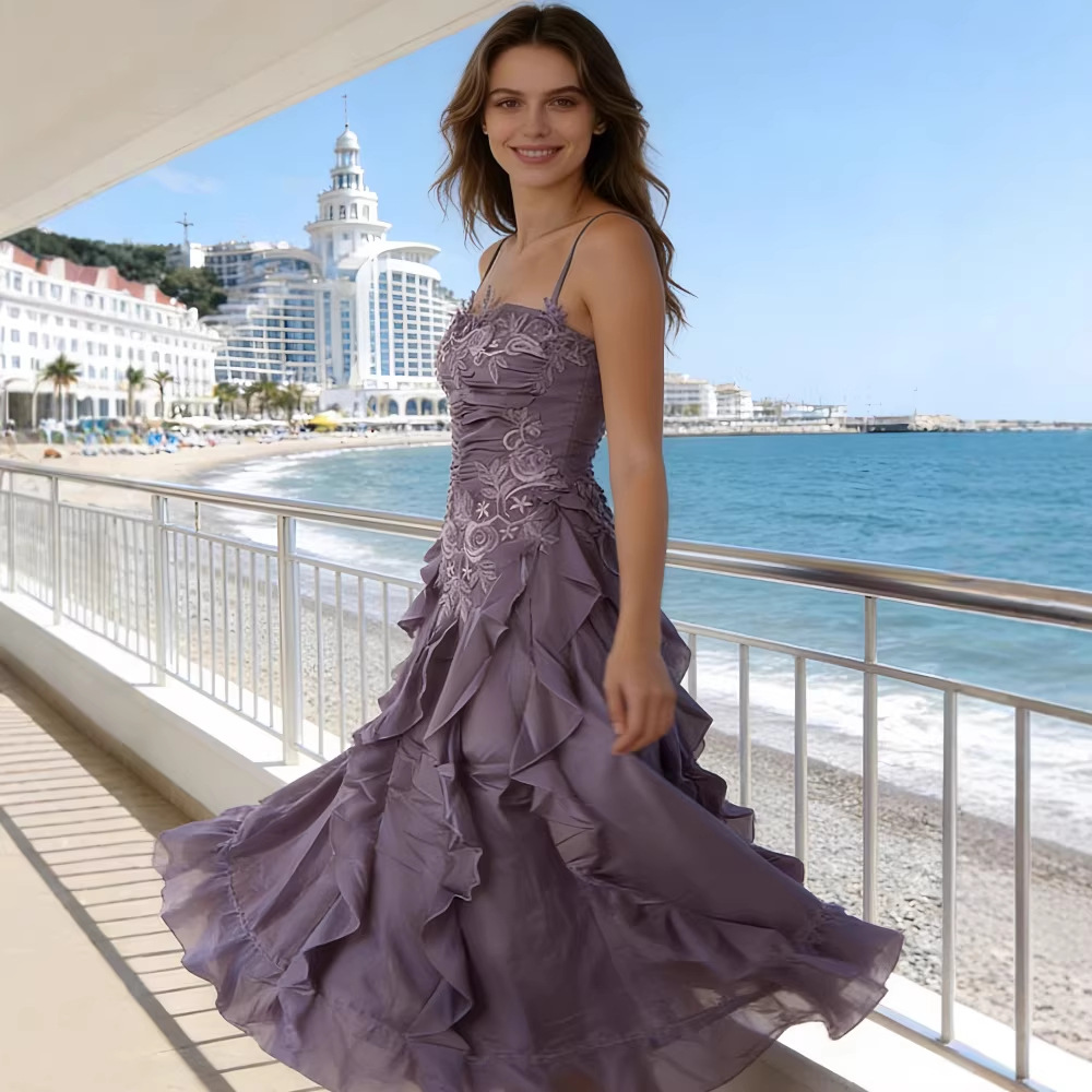 Women's Elegant Halter Belted Ruffled Heavy Embroidered Flowy Midi Dress – Spring Summer Gown_ecoleips.com