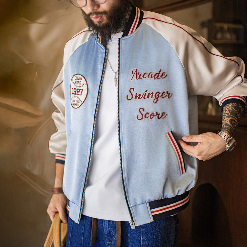 Maden Workwear American Retro Embroidered Yokosuka Baseball Jacket Patchwork Cool Satin Short Coat for Men Spring