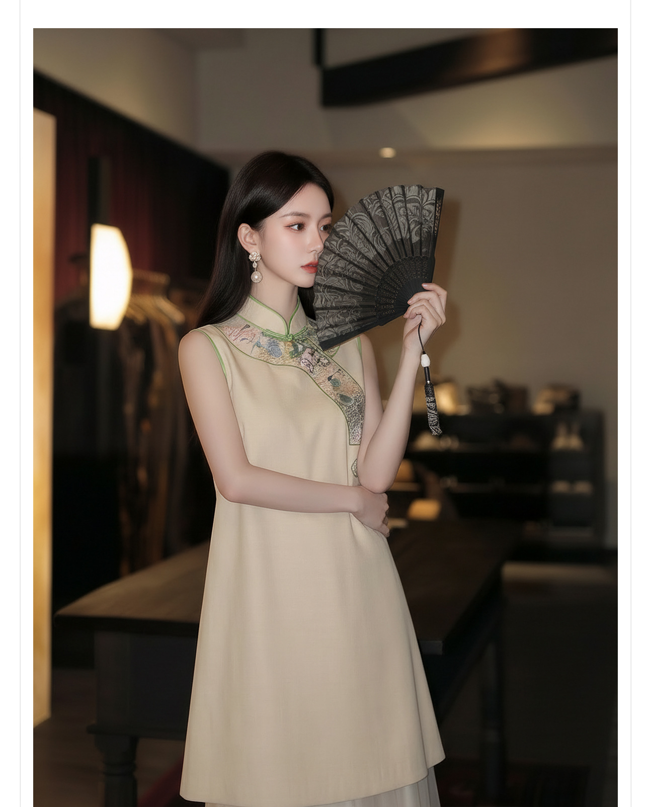 Đầm suông nữ midi phong cách quốc phong, tay không, thêu họa tiết — màu mơ chi tiết 8